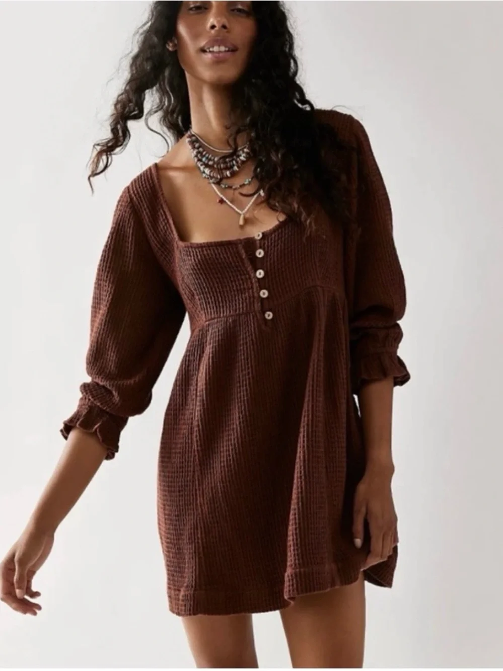 Free People Endless Summer Go To Waffle Knit Scoop Neck Dress in Brown